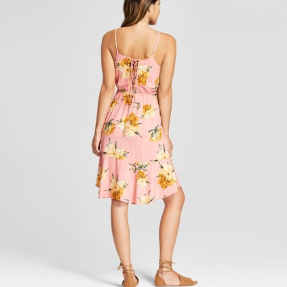 Pink Floral Lace Up Dress